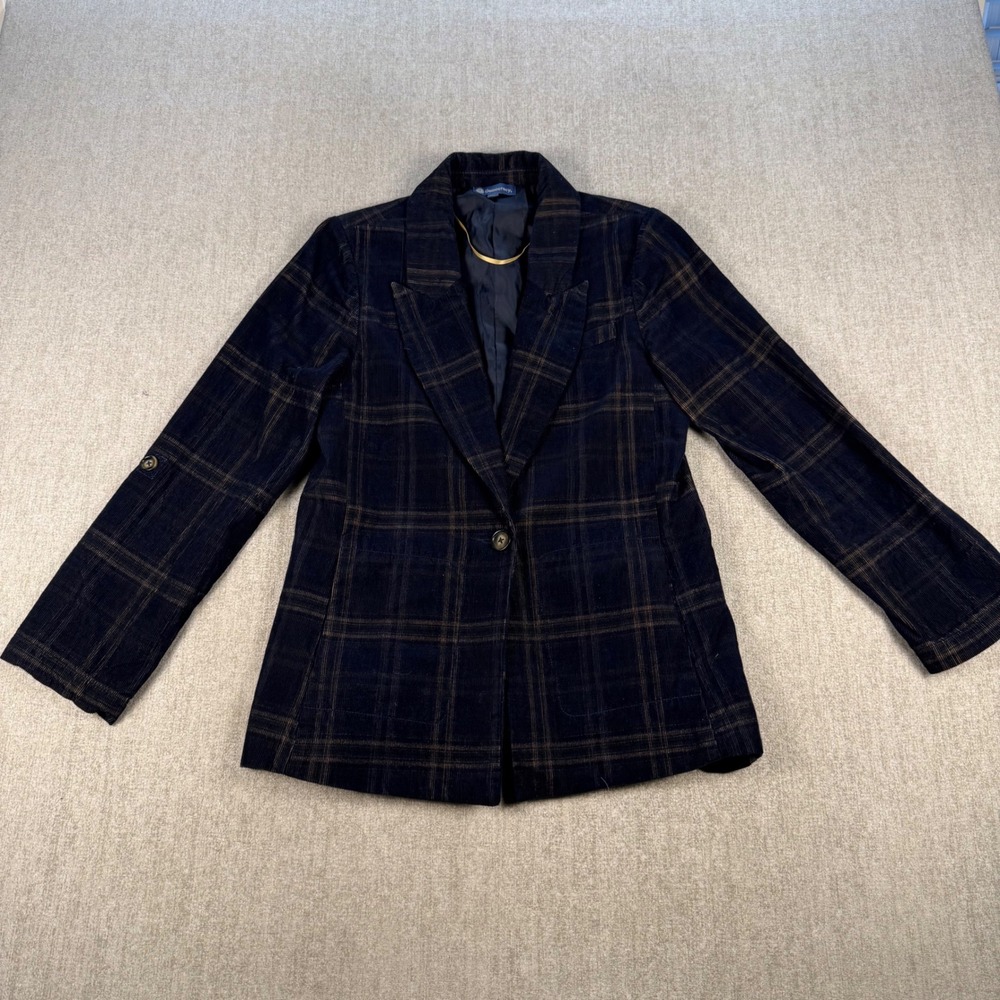 Democracy Blazer Women XS Navy Blue Plaid Corduroy Roll Tab Sleeve Jacket